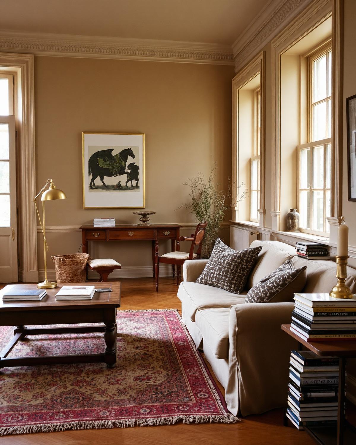 Editorial living room with vintage rug, brass lamp, and warm plaster walls