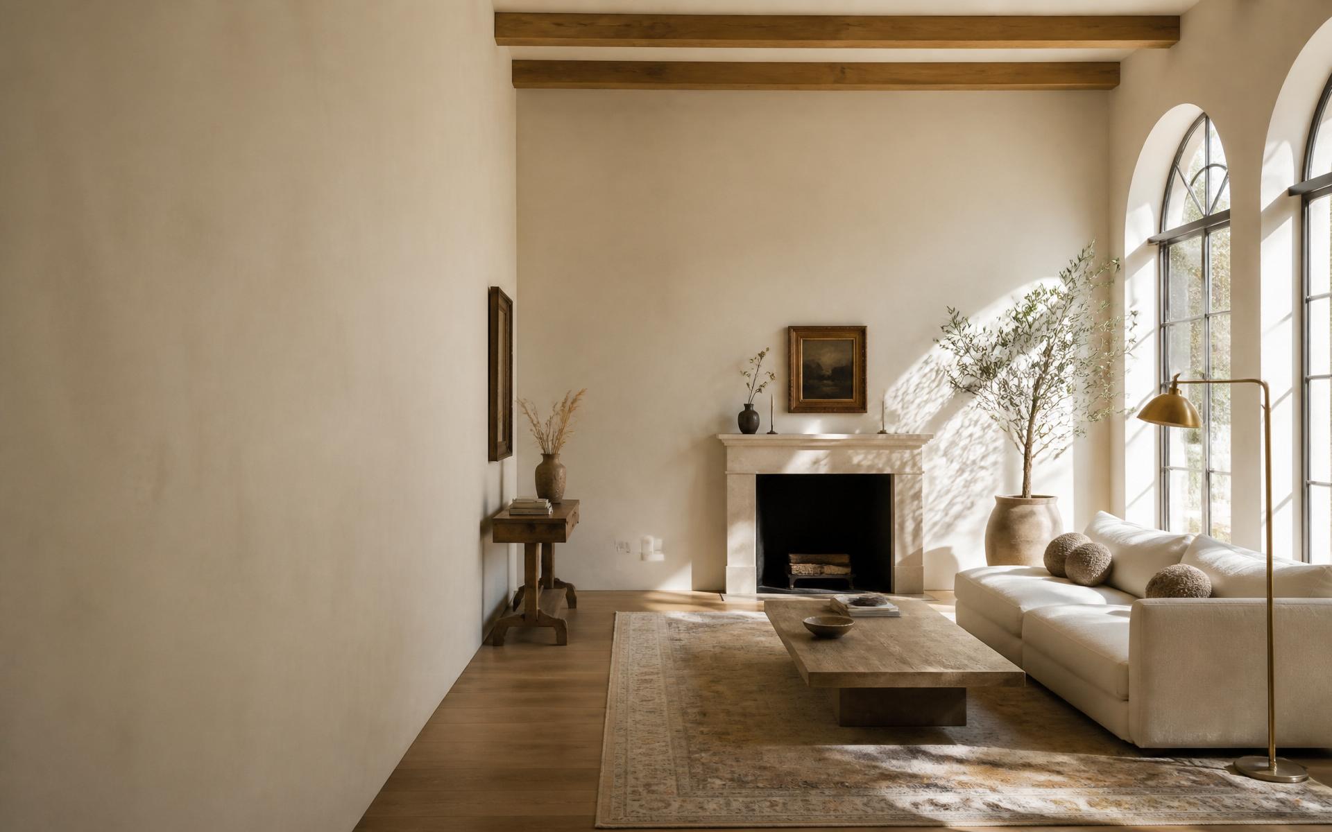 Sunlit living room with arched windows, wood beams, and a limestone fireplace