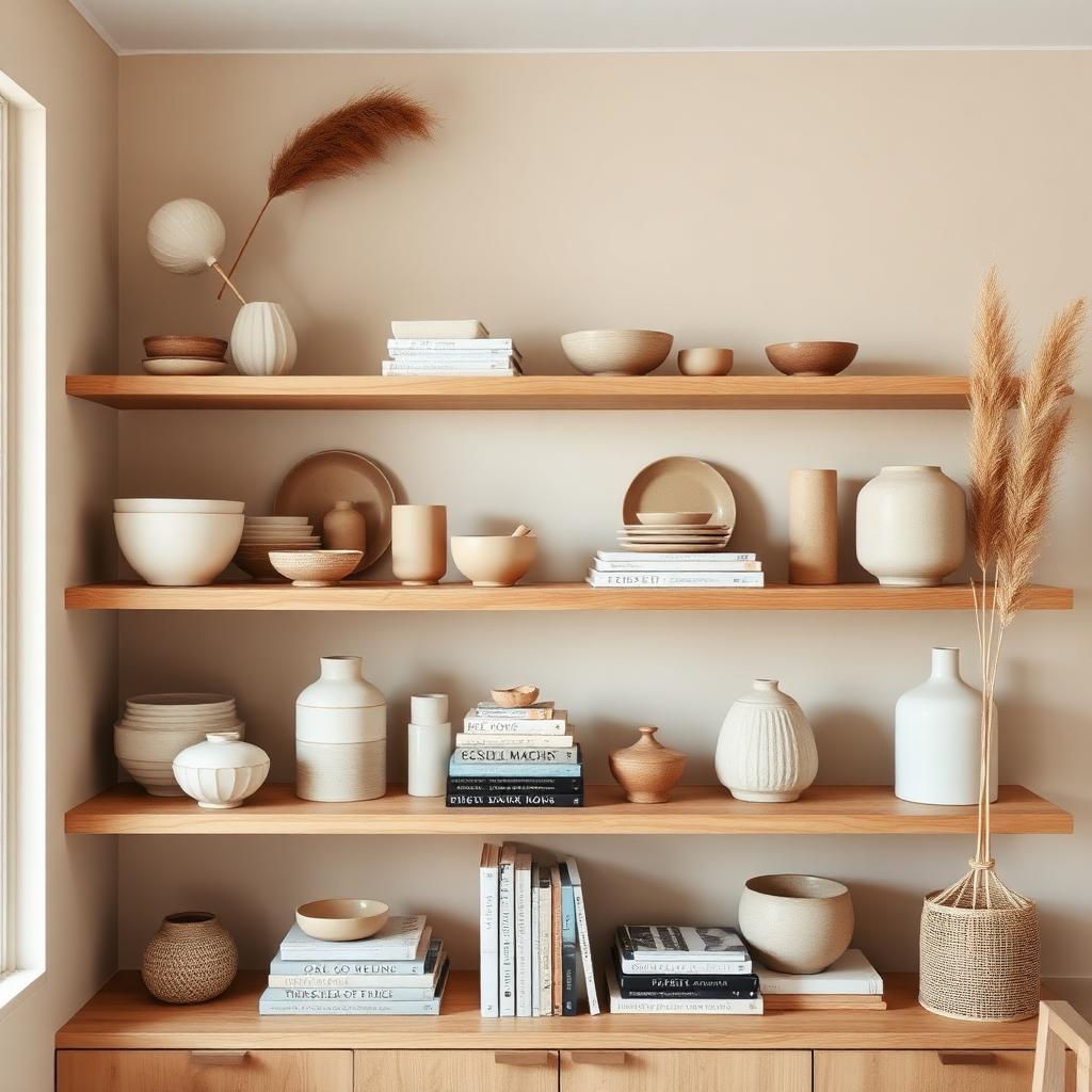 Styled open shelving with layered ceramics, design books, and dried grasses